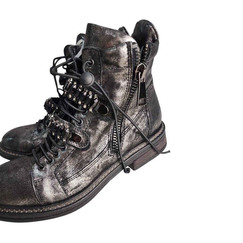 275 Central Combat Boots Women US 6-6.5 Metallic Silver Crystal Embellished Goth - Picture 7 of 12